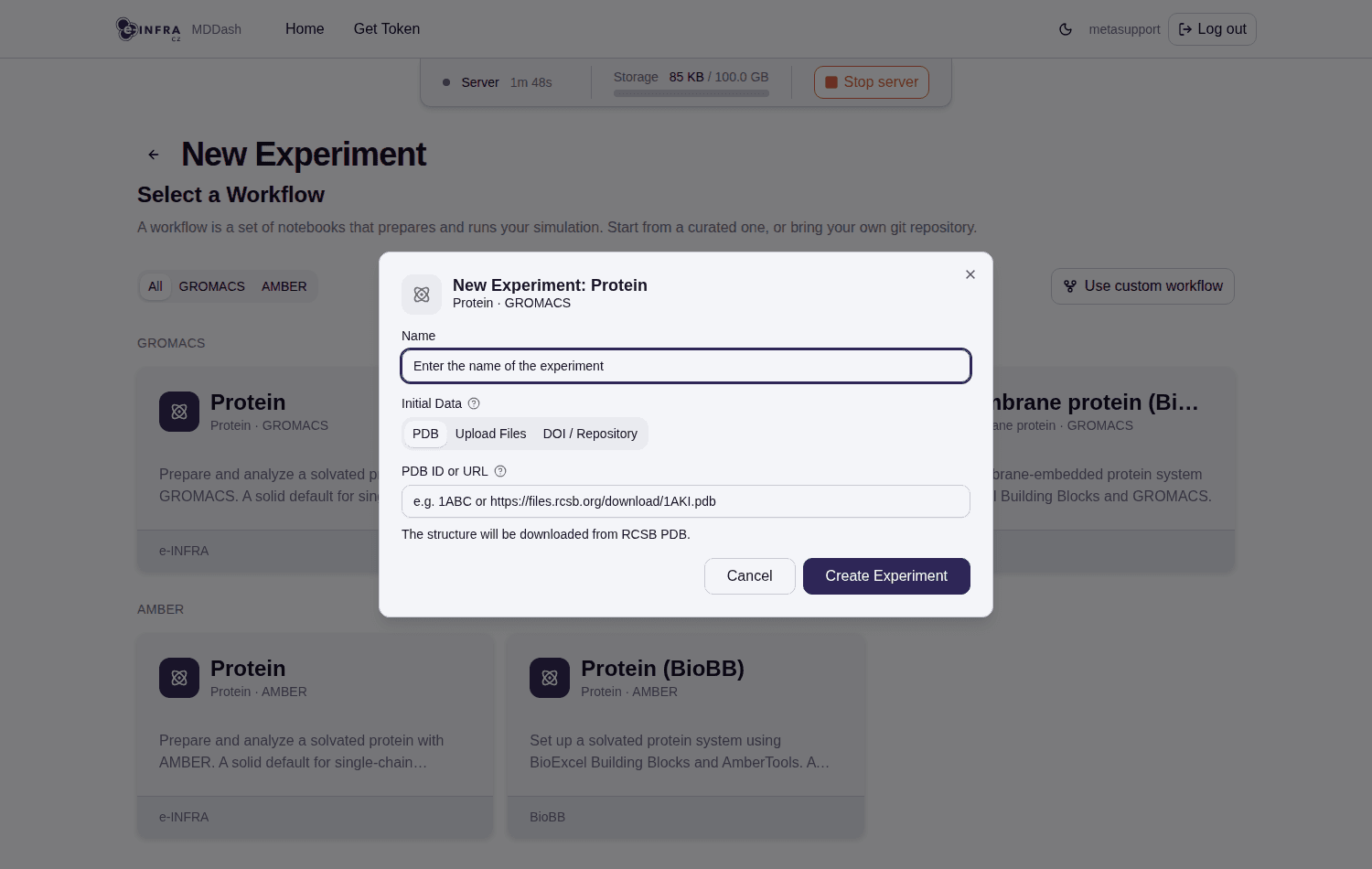 Experiment creation dialog