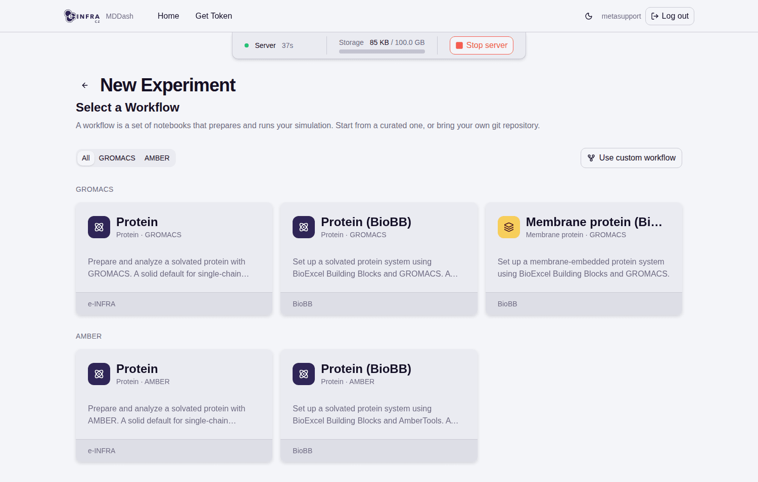 New Experiment — workflow selection