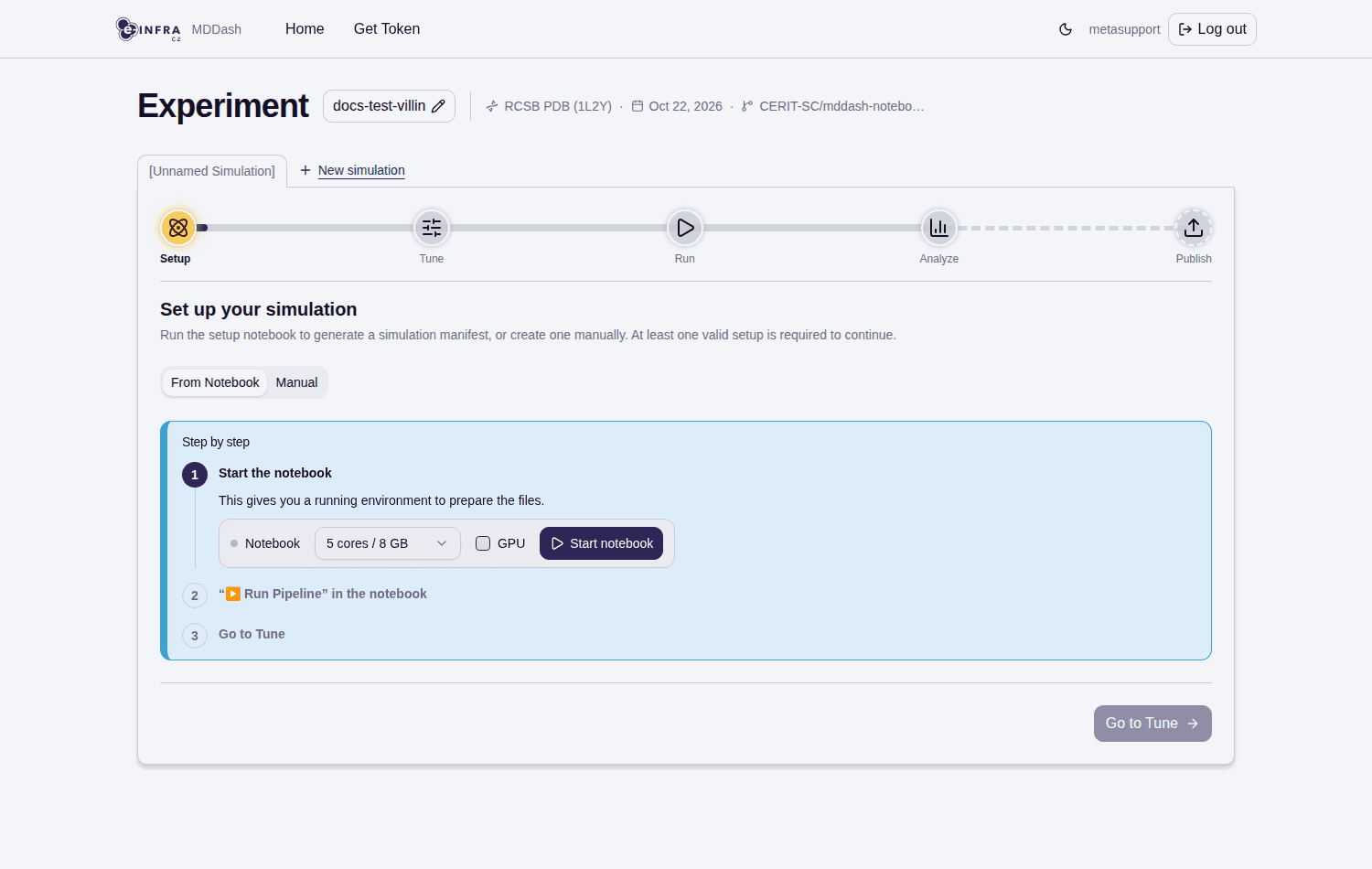 Setup step with notebook controls